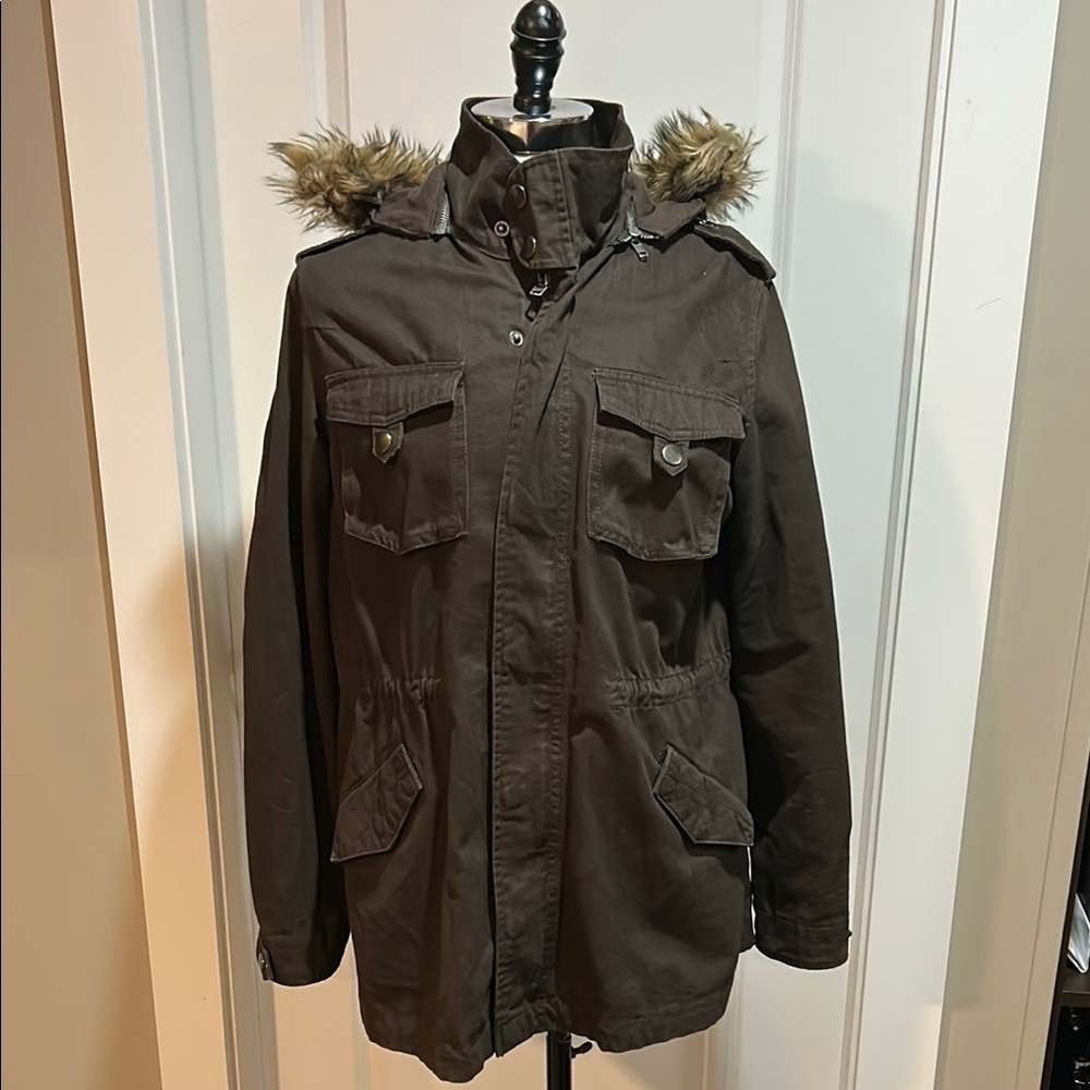 Forever 21 Brown Military Field Jacket with Faux Fur Hood